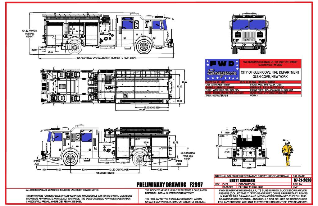 Rescue Vehicles Inc. has received an order from the Glencove Fire Department for a new Seagrave Stainless Steel Pumper.  

Some features of this apparatus include:
&bull;	High air intake for high water situations
&bull;	Seagrave Attacker 148&rdquo; S/S Split Tilt Cab
&bull;	Seating Capacity 8 
&bull;	Cummins L9, 450 HP Engine 
&bull;	Allison, 3000-EVS Transmission
&bull;	Waterous CMU 1750 GPM
&bull;	Wheelbase 201.5&quot;
&bull;	OAL Approx. 391.75&rdquo;
&bull;	OAH Approx. 121.5&rdquo; +
