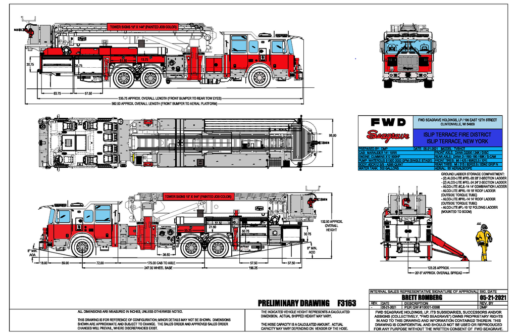 Islip Terrace Fire District of NY is looking forward to being one step closer to standardizing their fleet.  This will be their fourth Seagrave, having previously replaced a Heavy Rescue and two Engines with Seagraves.  
Some of the features 0f this 95&rsquo; Aerialscope Quint include:
&bull;	141&rdquo; Marauder S/S Full Tilting Cab
&bull;	10&rdquo; Raised Roof
&bull;	 Seating Capacity 8 
&bull;	 Cummins X12, 500 HP Engine 
&bull;	Allison, 4000-EVS Transmission
&bull;	15Kw Onan Hydraulic Generator
&bull;	Waterous 2000GPM (Single Stage Pump)
&bull;	300 Gal. Water Tank (UPF)
&bull;	Wheelbase 247&quot;
&bull;	OAL Approx. 47&rsquo;
&bull;	OAH 132.5  +/-1&rdquo;

Years of experience coupled with innovative design make the Aerialscope the safest, toughest, and most efficient choice on the market. The Aerialscope is rugged, safe and easy to use. It is a tough, dependable, and highly maneuverable machine. And as always 1000 lb. platform capacity while flowing 1000 GPM with no restrictions in boom operation.
