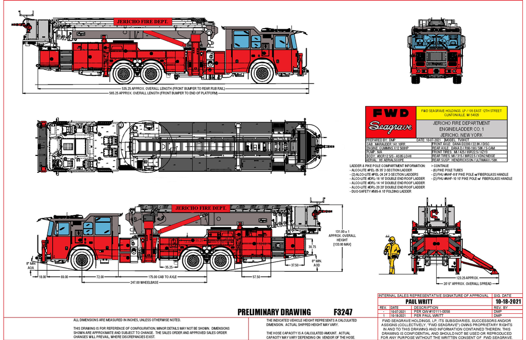 Rescue Vehicles Inc. has received an order from Jericho Fire District for a
95&rsquo; Aerialscope 
1000lb. Capacity/Flowing 1000 GPM Unrestricted
Marauder 141&rdquo;  SS Cab 
10&rdquo; Raised Roof
6 Seating Positions & PAC Track
Cummins X12 500HP, Allison EVS 4000
3CR12 SS Body with Lo-Hi Configuration
L/S Topside Roof Saw Access Compartment.
Transverse Stokes Compartment
Durablack Wheels
Black LineX on exterior Tread Plate
